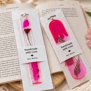 Handmade Resin Bookmarks Pink Pressed Flower Floral Tassel Set of 2 Gift for Her